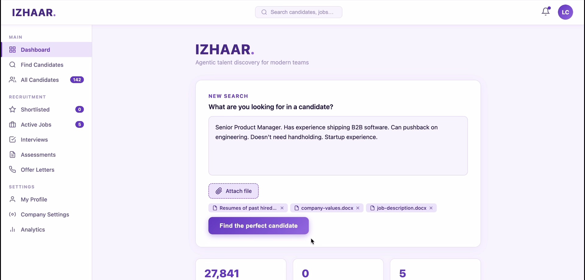 Izhaar dashboard: a hiring manager describes a Senior Product Manager role and attaches the job description, company values and résumés of past hires
